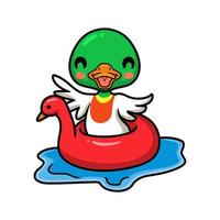 Cute little duck cartoon floating on pool ring inflatable vector