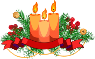 arreglo navideño con ramas de abeto, velas, cinta, campanas y guirnaldas doradas png