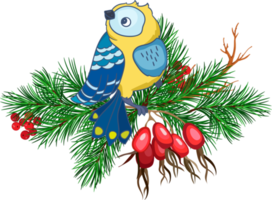 composición navideña con pájaro carbonero, bayas de espino, ramas de abeto png