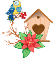 Composición navideña con carbonero, casita para pájaros y poinsettia. png