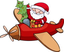 Santa Claus is flying in a red airplane with gifts png