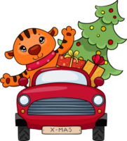un' carino poco tigre unità un' rosso auto e trasporta un' Natale albero con i regali. nuovo anno clipart