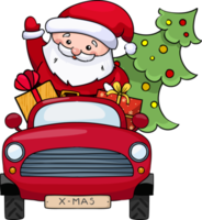 santa claus rides a red car with gifts png