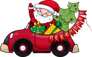 santa claus rides a red car with gifts png