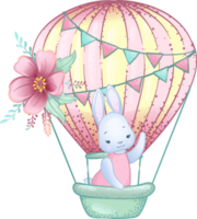 schattig konijn in roze heet lucht ballonnen met bloem, hand- getrokken tekenfilm illustratie png