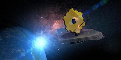 James Webb Space Telescope traveling near planet earth and exploring deep space. 3D Illustration photo