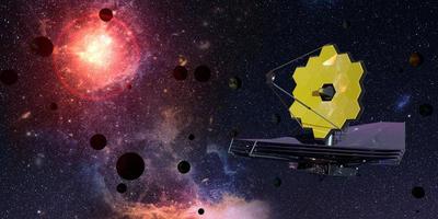 James Webb Space Telescope traveling and exploring deep space. 3D Illustration photo