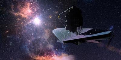 James Webb Space Telescope traveling and exploring deep space. 3D Illustration photo