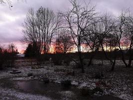 Frosty morning in autumn. Light snow. Silhouettes of trees photo