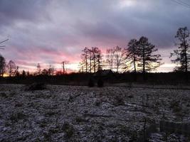 Frosty morning in autumn. Light snow. Silhouettes of trees photo