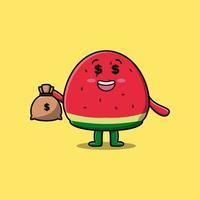 Cute cartoon Crazy rich watermelon with money bag vector