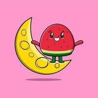Cute cartoon watermelon standing on crescent moon vector