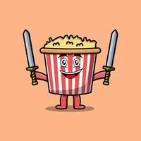 Cute cartoon Popcorn character holding two sword vector