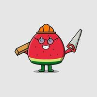 cartoon watermelon as carpenter with saw and wood vector