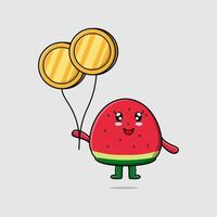 Cute cartoon watermelon floating with gold coin vector