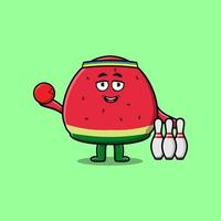 Cute cartoon watermelon character playing bowling vector