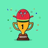 Cute cartoon watermelon character in trophy vector