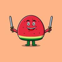 Cute cartoon watermelon holding two sword vector