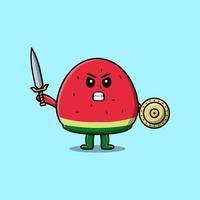 Cute cartoon watermelon holding sword and shield vector