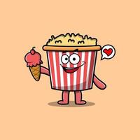 Cute Cartoon Popcorn character hold ice cream cone vector
