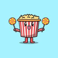 Cute cartoon Popcorn holding lollipop candy vector