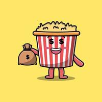 Cute cartoon Crazy rich Popcorn with money bag vector