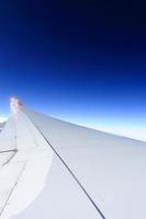 Wing of an airplane flying above the clouds. photo