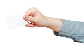 side view of blank business card in hand isolated photo