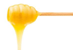 miel amarilla fluye desde un palo de madera aislado foto