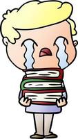 cartoon man crying over stack of books vector