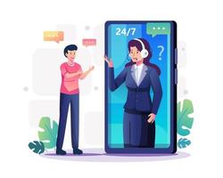 Customer service concept, Online helpline, Hotline operator, Contact Us. A woman in a headset on a big smartphone serving calling from a man consumer complaining. Vector illustration in flat style