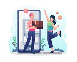Online Delivery service concept. A man courier come out from a smartphone and delivered a parcel box to a woman customer. A happy woman receives a parcel from online delivery. Vector illustration