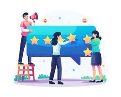 Customer reviews concept illustration with people giving five stars rating, positive feedback, satisfaction, and evaluation for product or services. Vector illustration in flat style