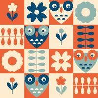 Seamless pattern with owls and flowers in retro swiss style. vector