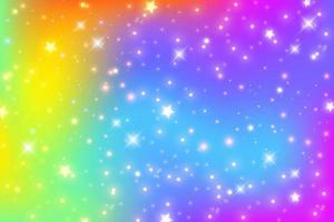 Rainbow fantasy background. Bright multicolored sky with stars and sparkles. Holographic wavy illustration. Vector. vector