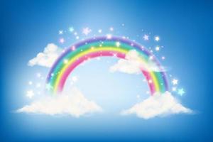 Fantasy rainbow unicorn background with clouds on blue sky. Magical landscape, abstract fabulous wallpaper with stars and sparkles. Arched realistic spectrum. Vector. vector