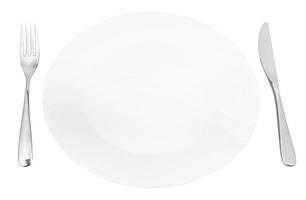 empty white porcelain plate with fork and knife photo