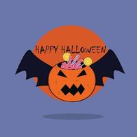 Vector illustration with cute cartoon pumpkin and lettering Happy Halloween isolated on white background. Design for print, fabric, wallpaper, card