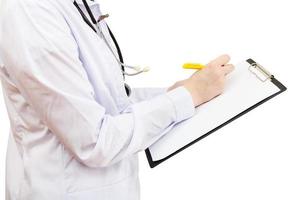 physician writes in clipboard isolated on white photo