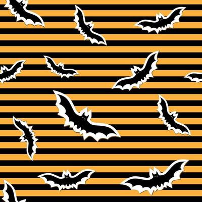Halloween pattern with cute bat in the night sky for party decoration. Funny october night gold seamless background.