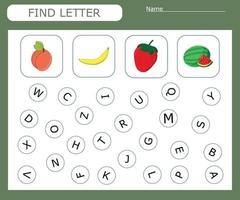 Find the first letter and match with the picture, a game for kids to learn the alphabet. Worksheet for printing. Educational game for children. vector