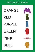 Connect the name of the color and the character of the clothes.  Logic game for children. vector