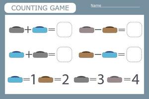 Counting game for preschool children. Solve the riddle with the help of children's clothes and solve the examples vector