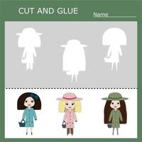 worksheet vector design, the task is to cut and glue a piece on  cute girls, dolls.  Logic game for children.