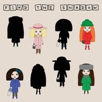 Colorful cute dolls. Find the correct shadow. Educational game for children. vector