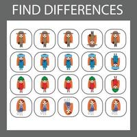 find the difference. Logic game for children. Find an extra dolls vector