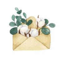 watercolor drawing. composition envelope with a letter, eucalyptus leaves and cotton flowers. vintage illustration new year, winter vector