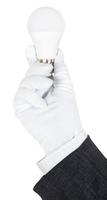 hand in business suit and glove holds LED lamp photo