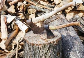 two axe on rustic courtyard photo