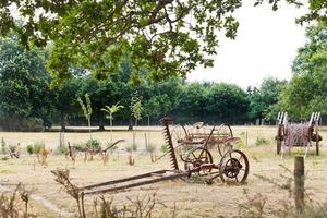 peasant household with abandoned farm equipment photo